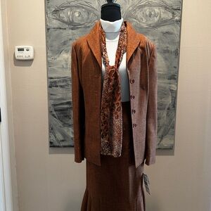Le Suit Rust Brown Blazer and Skirt Set with Patterned Scarf (new) Size 14